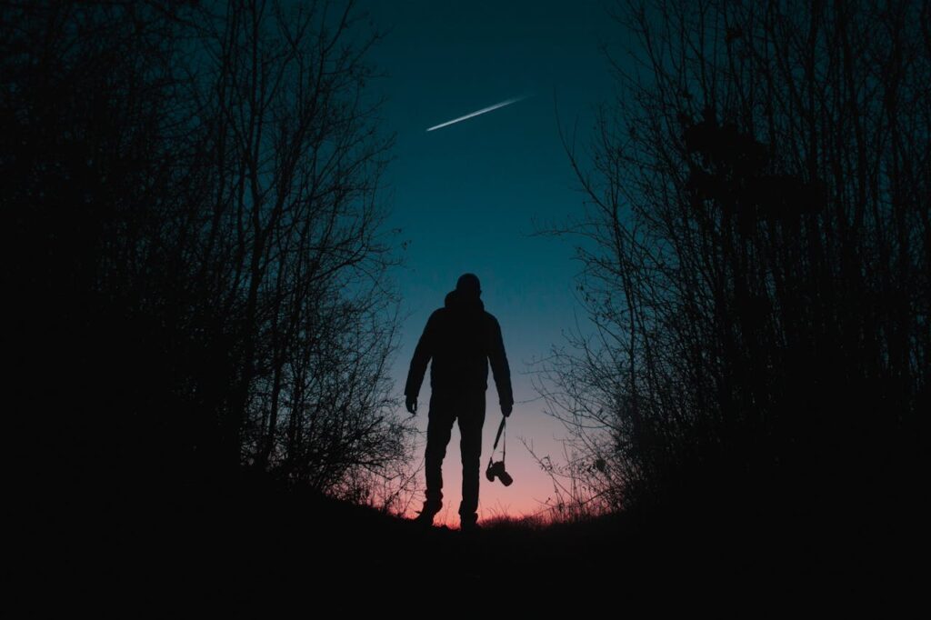 A photographer stands silhouetted in a Kragujevac forest under a starry sky with a shooting star.